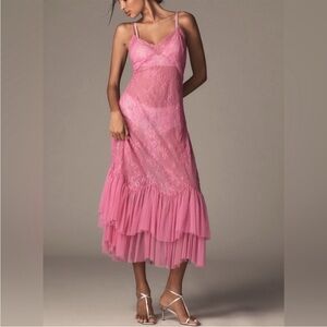 Anthropologie Let Me Be Pink Lace Sheer Midi Dress Large New With Tags